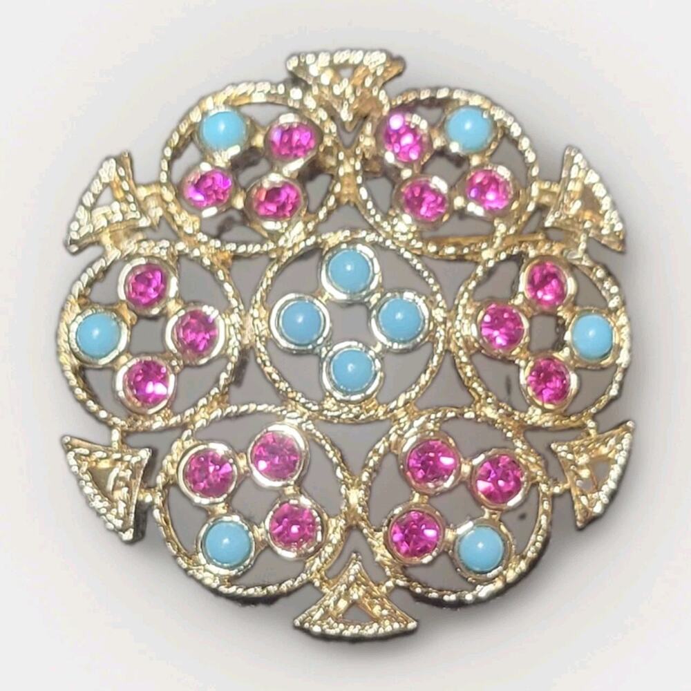 Vintage 1971 Sarah Coventry "Ceylon" Brooch Pink and Turquoise Gold